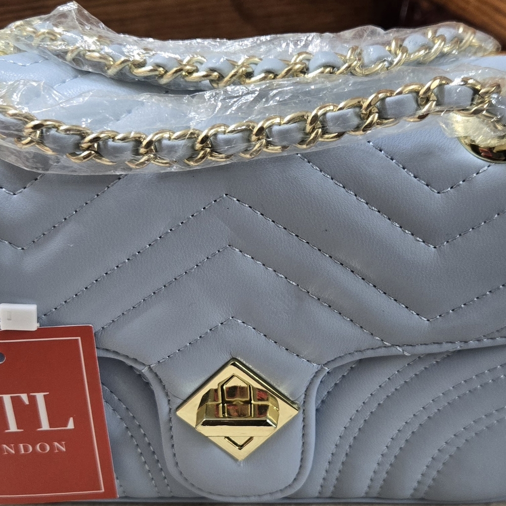 Blue and Gold Quilted Shoulder Bag with Chevron Pattern